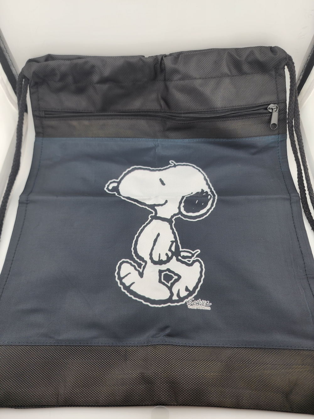Snoopy Peanuts Drawstring Backpack Black Mesh Front Zip Pocket School Gym Bag